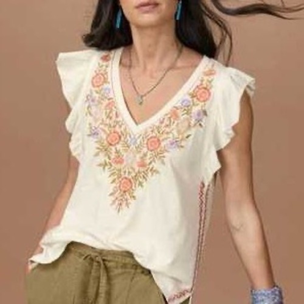 Sundance White Floral Embroidered Ruffle Sleeve Cotton Top Size M Boho